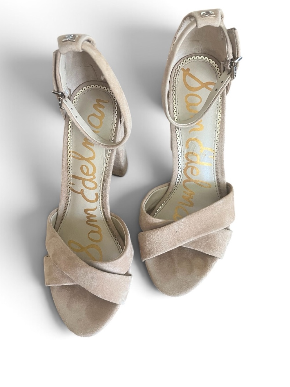 Sam Edelman Nude Suede Crisscross Block Heel Ankle Strap Sandals Size 7 - Picture 3 of 6